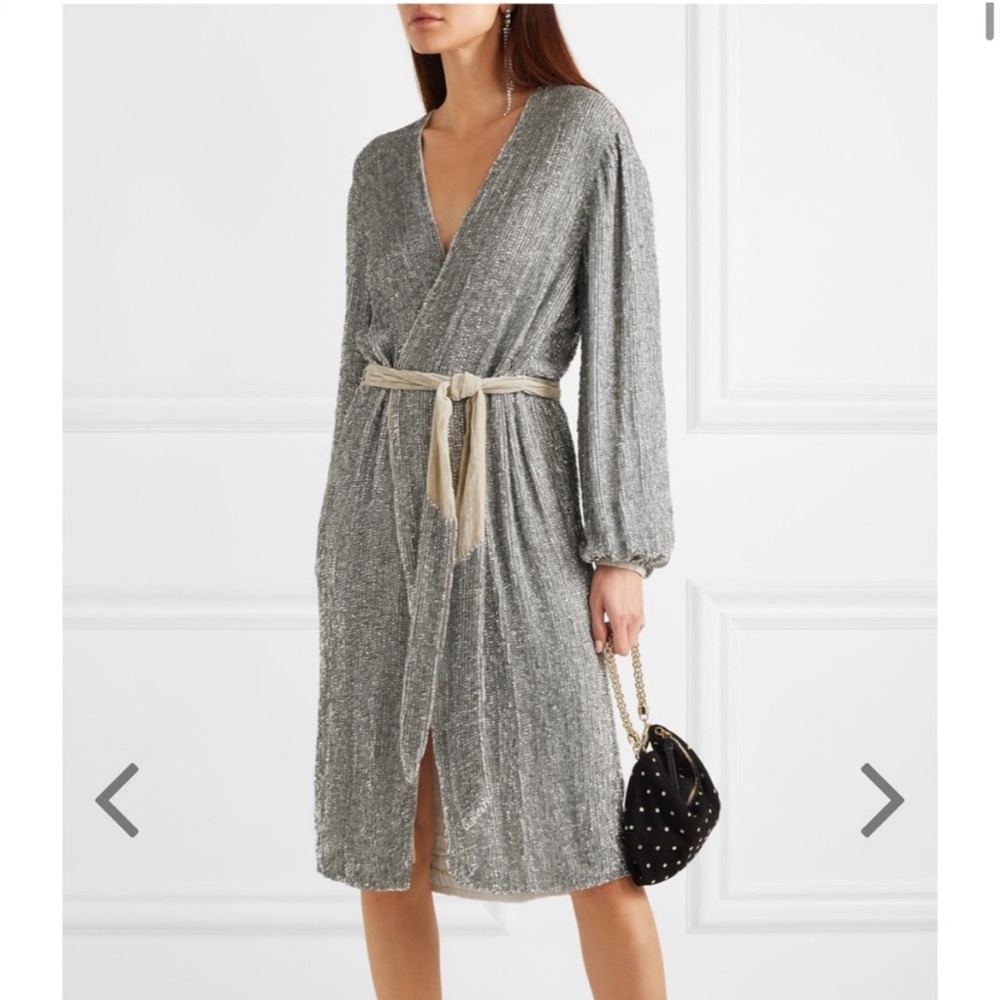 Retrofete | Audrey Velvet-Trimmed Silver Sequin Holiday Glam Wrap Robe Dress